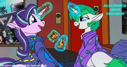 Size: 6001x3200 | Tagged: safe, artist:brainiac, derpibooru import, part of a set, starlight glimmer, oc, oc:fluoride sting, pony, unicorn, bronycon, bronycon 2019, female, food, glowing horn, horn, hotel room, kite, magic, magic aura, mare, pizza, telekinesis, text, that pony sure does love kites, tomato pizza, tomatoes