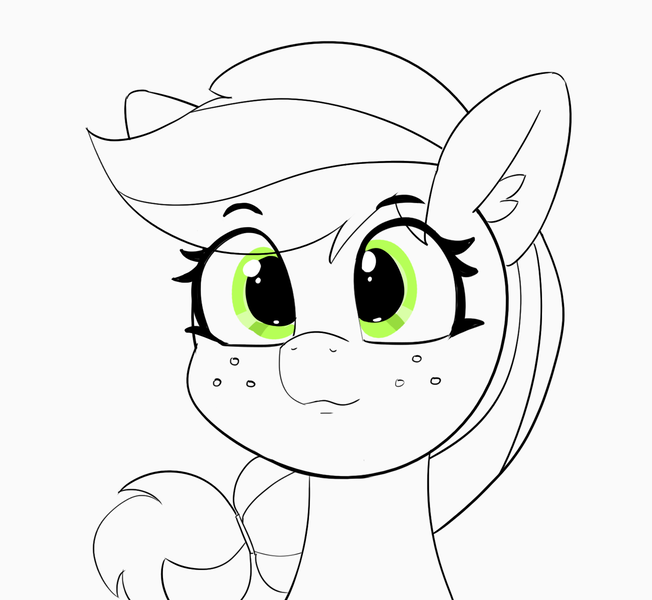 Size: 1500x1380 | Tagged: safe, artist:pabbley, derpibooru import, applejack, earth pony, pony, bust, cute, female, freckles, happy, jackabetes, mare, monochrome, neo noir, partial color, portrait, smiling, solo