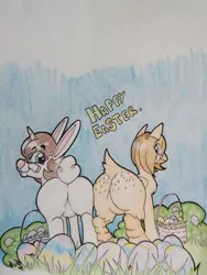 Size: 690x920 | Tagged: safe, artist:paper view of butts, derpibooru import, oc, oc:paper butt, oc:skecher haret, bird, chicken, pony, rabbit, unicorn, animal, basket, brother, brother and sister, bunny ears, butt, butt freckles, colored, easter, easter basket, easter bunny, easter egg, egg, female, freckles, glasses, holiday, horn, ink, ink drawing, looking at you, looking back, looking back at you, male, mare, plot, rear, rear view, siblings, sister, stallion, traditional art