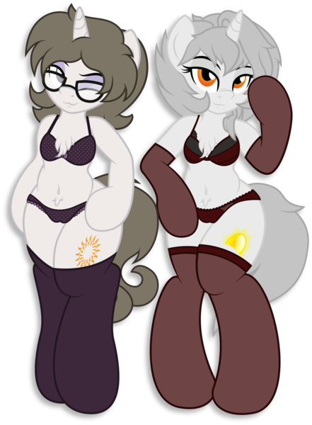 Size: 2414x3286 | Tagged: suggestive, artist:digiqrow, deleted from derpibooru, derpibooru import, oc, oc:solaria, oc:sunlight/sunny, unofficial characters only, pony, semi-anthro, unicorn, belly button, bra, bra on pony, cameltoe, chest fluff, clothes, evening gloves, glasses, gloves, lingerie, long gloves, panties, pubic fluff, socks, stockings, thigh highs, underwear