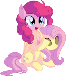 Size: 6230x7098 | Tagged: safe, artist:cyanlightning, derpibooru import, fluttershy, pinkie pie, earth pony, pegasus, pony, the crystal empire, spoiler:s03, .svg available, absurd resolution, adoracreepy, clothes, costume, creepy, cute, disguise, ear fluff, female, fluttershy suit, folded wings, mare, mask, masking, open mouth, pinkie being pinkie, pony costume, ponysuit, simple background, sitting, smiling, solo, transparent background, vector, voice actor joke, wings