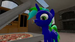 Size: 1280x720 | Tagged: safe, artist:sevenxninja, derpibooru import, oc, oc:lydia dieselsteam, unofficial characters only, alicorn, pony, unicorn, 3d, alicorn oc, deviantart, fireplace, food, gmod, horn, living room, looking at something, meat, microsoft, pepperoni, pepperoni pizza, pizza, pizza box, television, windows, wings