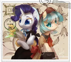 Size: 1904x1670 | Tagged: safe, artist:tingsan, derpibooru import, coco pommel, rarity, earth pony, pony, unicorn, bouquet, bow, clothes, colored pupils, cute, dress, duo, duo female, ear piercing, earring, female, flower, hat, jewelry, looking at you, mare, piercing, postcard, purse