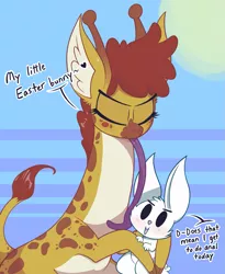 Size: 1517x1849 | Tagged: suggestive, artist:dragonpone, derpibooru import, angel bunny, clementine, giraffe, rabbit, angina, animal, blushing, cheek fluff, dialogue, ear fluff, easter, eyes closed, female, heart, holiday, hug, implied anal, implied sex, interspecies, licking, long tongue, male, open mouth, shipping, smiling, straight, tongue out