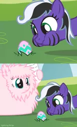 Size: 816x1330 | Tagged: safe, artist:lightning stripe, derpibooru import, oc, oc:fluffle puff, oc:lightning stripe, earth pony, pony, black and white mane, comic, easter, easter egg, egg, eyelashes, grass, grass field, green eyes, holiday, makeup, newspaper, pink coat, puffy cheeks, scrunchy face, show accurate, solo, stripes, teal eyes, that escalated quickly, this will end in pain, two toned mane