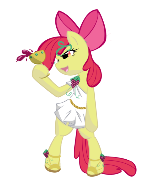 Size: 1627x2000 | Tagged: source needed, safe, artist:bamboodog, derpibooru import, edit, apple bloom, earth pony, pony, alcohol, bacchus, bipedal, bow, clothes, drunk, drunker bloom, female, food, grapes, greek, hair bow, hoof hold, laurel wreath, mare, older, older apple bloom, roman, sandals, shoes, simple background, solo, toga, tunic, vine, wine