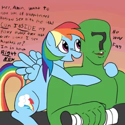 Size: 1000x1000 | Tagged: artist needed, suggestive, derpibooru import, rainbow dash, oc, oc:anon, pony, /mlp/, 4chan, colored, drawthread, duo, funny, funny as hell, gradient background, ironic, iwtcird, meme, no way fag, vulgar