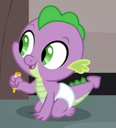 Size: 825x908 | Tagged: safe, derpibooru import, screencap, spike, dragon, sparkle's seven, adorable face, baby, baby dragon, baby spike, claws, cropped, cute, daaaaaaaaaaaw, diaper, male, marker, open mouth, sitting, smiling, solo, spikabetes, tail, younger