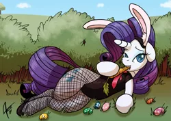 Size: 1001x707 | Tagged: suggestive, artist:cynos-zilla, derpibooru import, rarity, pony, bunny suit, clothes, easter, fishnet pantyhose, holiday