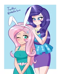 Size: 1650x2000 | Tagged: safe, artist:melliedraws, derpibooru import, fluttershy, rarity, bat pony, human, equestria girls, equestria girls series, blushing, breasts, bunny ears, busty fluttershy, clothes, cute, dress, female, flarity, flutterbat, geode of shielding, human coloration, humanized, lesbian, magical geodes, race swap, shipping, smiling