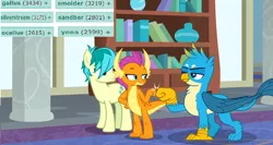 Size: 782x415 | Tagged: safe, derpibooru import, screencap, gallus, ocellus, sandbar, silverstream, smolder, yona, dragon, earth pony, gryphon, pony, derpibooru, school daze, meta, tags