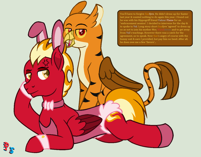 Size: 1220x950 | Tagged: safe, artist:peregrinstaraptor, derpibooru import, oc, oc:gareth, oc:sunfyre, unofficial characters only, gryphon, pegasus, pony, bunny ears, bunny suit, clothes, cross-popping veins, crossdressing, prone, simple background