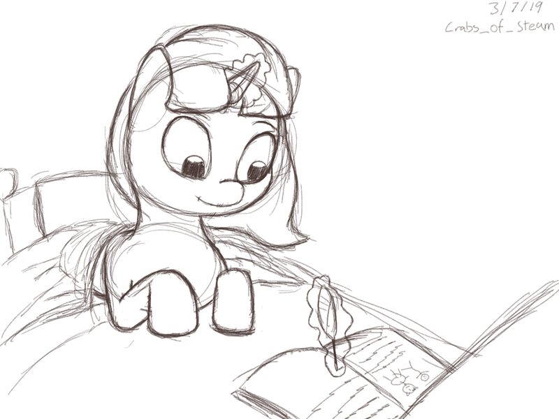 Size: 1000x750 | Tagged: safe, artist:crabs_of_steam, derpibooru import, oc, oc:sumi brushstroke, unofficial characters only, pony, unicorn, bed, female, filly, magic, monochrome, notebook, on bed, quill, smiling, solo, telekinesis