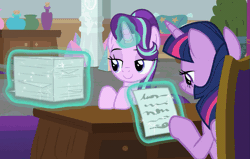 Size: 753x480 | Tagged: safe, derpibooru import, screencap, starlight glimmer, twilight sparkle, twilight sparkle (alicorn), alicorn, pony, unicorn, sparkle's seven, animated, duo, duo female, female, glowing horn, horn, paper, smiling