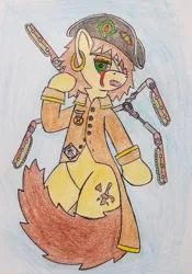 Size: 737x1053 | Tagged: grimdark, artist:dice-warwick, derpibooru import, oc, oc:carving doll, cyborg, pegasus, pony, fallout equestria, fallout equestria: dance of the orthrus, bicorne, bleeding eyes, chainsaw, cybernetic wings, ear piercing, earring, evil eye, fanfic art, hat, jewelry, overcoat, piercing, pirate, pointy teeth, ripper, sharp teeth, solo, teeth, wings