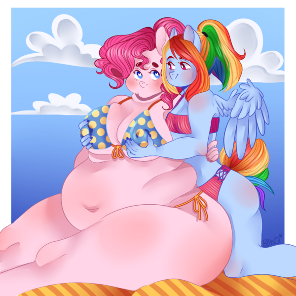 Size: 1000x1000 | Tagged: suggestive, artist:bbwqueen364, derpibooru import, pinkie pie, rainbow dash, anthro, earth pony, pegasus, belly, belly button, big belly, bikini, breasts, clothes, erect nipples, fat, female, lesbian, mare, nipple grab, nipple outline, obese, piggy pie, pinkiedash, pudgy pie, shipping, swimsuit