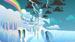 Size: 1600x900 | Tagged: background, bridge, cloud, cloud city, cloudsdale, derpibooru import, lightning, no pony, rainbow, rainbow waterfall, safe, scattered thunderstorms, screencap, sonic rainboom (episode), stormcloud, wallpaper, weather factory