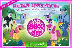 Size: 1034x687 | Tagged: adorapiehater, advertisement, azure velour, bow hothoof, cute, derpibooru import, easter, evil pie hater dash, gameloft, holiday, my little pony: the movie, official, rainbow dash, safe, sale, secrets and pies, storm king, strawberry parchment, well-to-do
