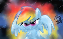 Size: 1157x720 | Tagged: safe, artist:superdashiebros, derpibooru import, rainbow dash, pegasus, pony, abstract background, chest fluff, evil grin, female, grin, mare, smiling, solo