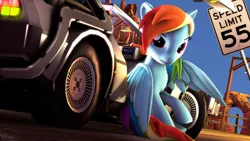 Size: 3840x2160 | Tagged: safe, artist:whiteskyline, derpibooru import, rainbow dash, pony, 3d, back to the future, delorean, desert, dmc, source filmmaker, speed limit sign