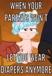 Size: 259x376 | Tagged: safe, derpibooru import, edit, edited screencap, screencap, cozy glow, lord tirek, queen chrysalis, changeling, changeling queen, pegasus, pony, the beginning of the end, caption, female, filly, image macro, implied diaper, implied diaper fetish, text