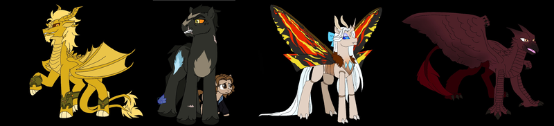 Size: 3380x768 | Tagged: safe, artist:fallenangel5414, derpibooru import, ponified, changeling, changeling queen, gryphon, kirin, pony, winged kirin, changelingified, crossover, female, godzilla, godzilla (series), godzilla: king of the monsters 2019, griffonized, king ghidorah, kirinified, madison russel, monsterverse, mothra, rodan, species swap