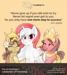 Size: 1440x1604 | Tagged: safe, artist:nusaponycon, derpibooru import, oc, oc:indonisty, oc:nuning, oc:salasika, alicorn, pony, advice, alicorn oc, determination, feminism, horn, indonesia, kartini day, nation ponies, nusaponycon, positive ponies, r.a. kartini, wings, women's rights