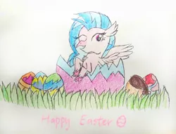 Size: 924x705 | Tagged: artist:sumi-mlp25, behaving like a bird, birb, derpibooru import, easter, easter egg, egg, grass, holiday, safe, silverstream