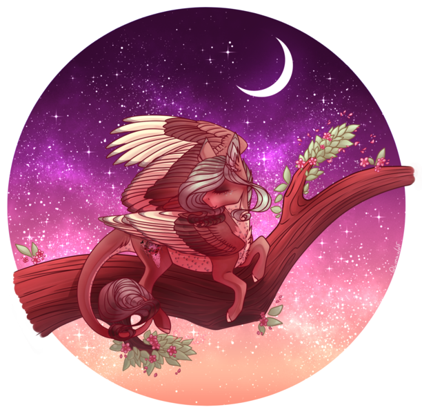 Size: 2024x1984 | Tagged: safe, artist:lunawolf28, derpibooru import, oc, pegasus, pony, colored wings, eyes closed, female, mare, moon, multicolored wings, night, solo, tree branch, wings