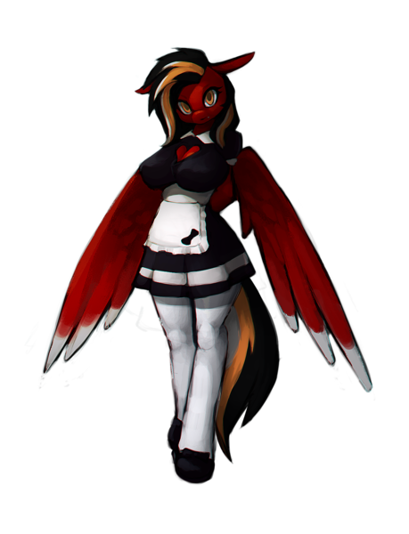 Size: 1300x1700 | Tagged: alternate version, anthro, artist:stardep, big breasts, black mane, breasts, clothes, derpibooru import, female, maid, oc, oc:margon, pegasus, red coat, rule 63, safe, simple background, socks, solo, standing, striped mane, tattoo, transparent background, unguligrade anthro, unofficial characters only, wings