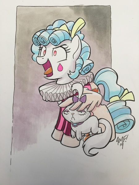 Size: 3024x4032 | Tagged: safe, artist:tonyfleecs, derpibooru import, cozy glow, opalescence, cat, pegasus, pony, ace attorney, ace attorney investigations, babscon, babscon 2019, clown, clown makeup, clowny glow, collar, commission, curly mane, evil laugh, female, filly, laughing, ruff (clothing), simon keyes, tongue out