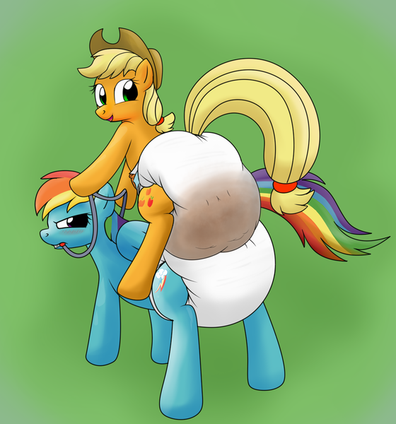 Size: 1120x1200 | Tagged: questionable, alternate version, artist:hodgepodgedl, artist:pidgopidgey, derpibooru import, applejack, rainbow dash, earth pony, pegasus, pony, bit, blushing, diaper, diaper fetish, diaper humping, fetish, grin, humping, messy diaper, open mouth, ponies riding ponies, poofy diaper, poop, poopy diaper, rear view, reins, riding, scat, sex, smiling, tack