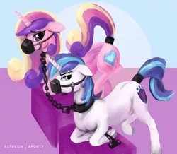 Size: 2000x1745 | Tagged: suggestive, artist:aponty, deleted from derpibooru, derpibooru import, princess cadance, shining armor, alicorn, pony, unicorn, the beginning of the end, bondage, chains, collar, gag, harness gag, harness muzzle gag, implied king sombra, muzzle, muzzle gag, slave, slave collar, subdance, tail wrap, tailcuff