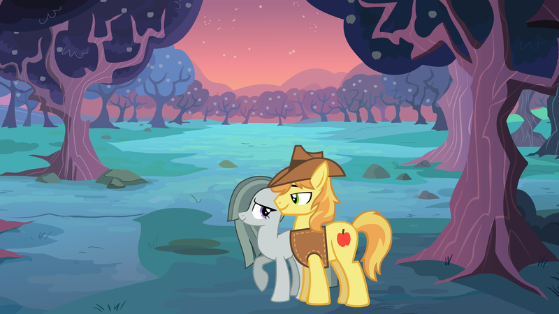 Size: 2064x1161 | Tagged: safe, derpibooru import, braeburn, marble pie, pony, apple orchard, braeble, evening, female, looking at each other, male, orchard, shipping, straight, walking