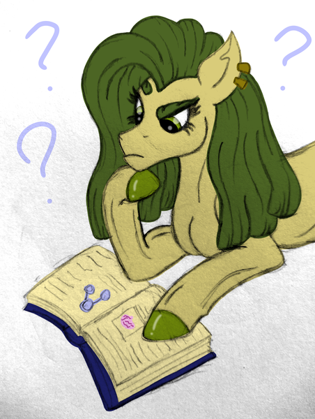 Size: 1877x2493 | Tagged: safe, artist:thr3eguess3s, derpibooru import, oc, oc:apple core, earth pony, pony, book, eyebrows, female, mare, mixed media, offspring, parent:big macintosh, parent:limestone pie, parents:limemac, question mark, solo, torn ear