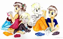 Size: 2115x1306 | Tagged: safe, artist:liaaqila, derpibooru import, derpy hooves, doctor whooves, time turner, equestria girls, barefoot, bisexual, bondage, clothes, commission, confused, cute, derptoress, discarded clothing, doctorderpy, dopey hooves, dopeydoctor, dress, equestria girls-ified, equestria guys, feather, feet, female, fetish, foot fetish, gay, half r63 shipping, jacket, jeans, leather jacket, lesbian, male, male feet, open mouth, pants, ponytail, question mark, r63 paradox, rule 63, self paradox, self ponidox, shipping, shirt, shorts, simple background, sitting on person, sleeveless, socks, soles, straight, striped socks, t-shirt, the doctoress, tickle torture, tickling, tongue out, traditional art, white background
