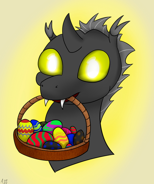 Size: 2203x2634 | Tagged: artist:atomfliege, basket, changeling, changeling oc, derpibooru import, easter basket, easter egg, head, oc, oc:warplix, safe, simple background, unofficial characters only, yellow background, yellow changeling, yellow eyes