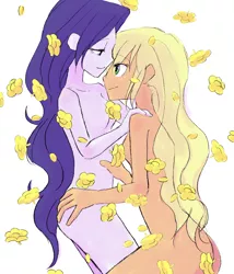 Size: 2094x2448 | Tagged: suggestive, artist:haibaratomoe, derpibooru import, applejack, rarity, equestria girls, artistic nudity, breasts, butt touch, delicious flat chest, female, flatchestity, flatjack, flower, hand on butt, lesbian, love, nudity, rarijack, sexy, shipping, simple background, small breasts, smiling, strategically covered, white background