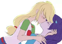 Size: 2554x1835 | Tagged: safe, artist:haibaratomoe, derpibooru import, applejack, rarity, human, equestria girls, equestria girls series, blushing, clothes, cute, eyes closed, female, freckles, humanized, jackabetes, kissing, lesbian, love, passionate, raribetes, rarijack, shipping, shirt, simple background, white background