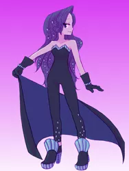 Size: 1500x2000 | Tagged: safe, artist:haibaratomoe, derpibooru import, rarity, equestria girls, equestria girls series, the other side, bare shoulders, bodysuit, cape, clothes, female, sleeveless, solo, strapless
