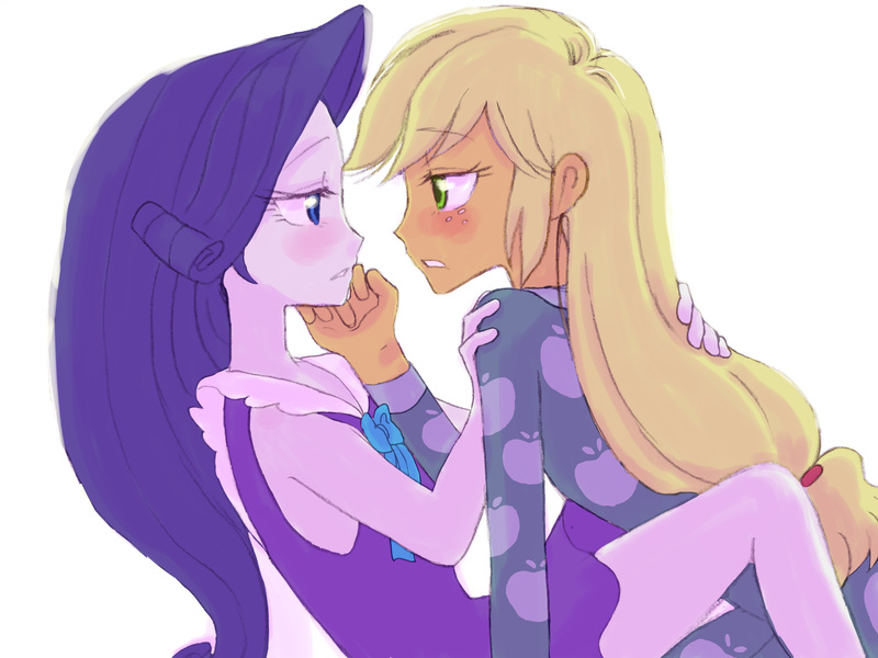 Size: 2048x1535 | Tagged: safe, artist:haibaratomoe, derpibooru import, applejack, rarity, equestria girls, blushing, clothes, cute, eye contact, female, imminent kissing, jackabetes, lesbian, looking at each other, love, pajamas, raribetes, rarijack, shipping, simple background, white background