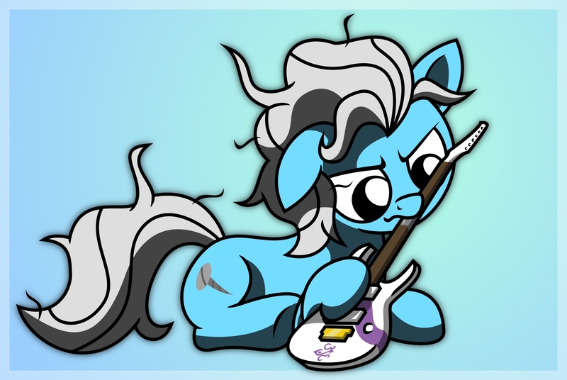 Size: 2172x1455 | Tagged: safe, artist:friendshipismetal777, derpibooru import, screw loose, pony, behaving like a dog, chewing, cute, cuteloose, drool, eating, electric guitar, guitar, musical instrument, prone, solo