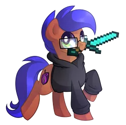 Size: 1256x1248 | Tagged: safe, artist:drawntildawn, derpibooru import, oc, oc:odyssey flash, unofficial characters only, pegasus, pony, clothes, diamond sword, hidden wings, hoodie, minecraft, mouth hold, sword, weapon