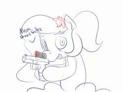 Size: 2434x1818 | Tagged: safe, artist:companioncube, derpibooru import, oc, unofficial characters only, earth pony, pony, alexa, dialogue, flower, gun, handgun, hoof hold, monochrome, open mouth, pistol, sitting, solo, weapon