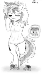 Size: 1722x3001 | Tagged: anthro, arm behind head, arm hooves, armpits, artist:phoenixperegrine, both cutie marks, chest fluff, clothes, derpibooru import, eyes closed, female, fuzzy slippers, glowing horn, head scratch, hoof hold, horn, implied lesbian, implied scratchtavia, implied shipping, levitation, lineart, magic, monochrome, morning ponies, mug, octavia melody, panties, scratching, shirt, sketch, slippers, solo, solo female, suggestive, telekinesis, toothbrush, traditional art, t-shirt, underwear, vinyl scratch