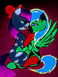 Size: 480x640 | Tagged: suggestive, artist:silver moon, derpibooru import, oc, oc:prince thunder spark, oc:sparkbat, alicorn, bat pony, pony, zebra, alicorn oc, bow, clothes, horn, kissing, socks, striped, wings