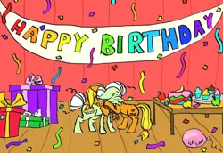 Size: 1024x703 | Tagged: safe, artist:superdashiebros, derpibooru import, applejack, granny smith, pony, banner, birthday, cake, confetti, cupcake, food, happy birthday, hug, present