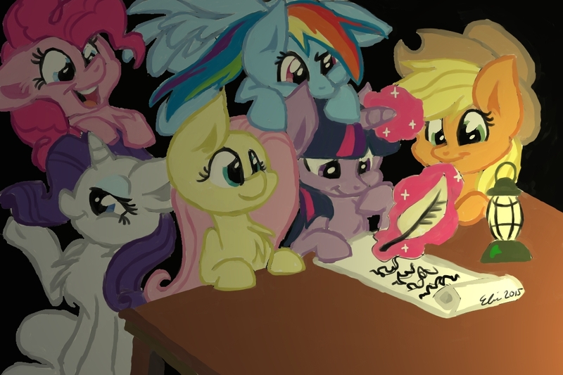 Size: 1200x800 | Tagged: safe, artist:superdashiebros, derpibooru import, applejack, fluttershy, pinkie pie, rainbow dash, rarity, twilight sparkle, pony, 2015, dark background, description is relevant, lantern, lighting, magic, mane six, poem, quill, telekinesis, writing