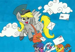 Size: 3492x2416 | Tagged: safe, artist:superdashiebros, derpibooru import, beauty brass, carrot top, derpy hooves, golden harvest, octavia melody, vinyl scratch, pony, cloud, flying, hat, letter, mailbag, mailmare, sky