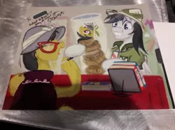 Size: 1032x768 | Tagged: safe, artist:frist44, derpibooru import, a.k. yearling, daring do, oc, oc:dreamy daze, pony, autograph, body pillow, book, chiara zanni, convention, daring daki, daring do books, daring do cosplay, daring do costume, glasses, hat, laughing, marker, photo, pith helmet, signature